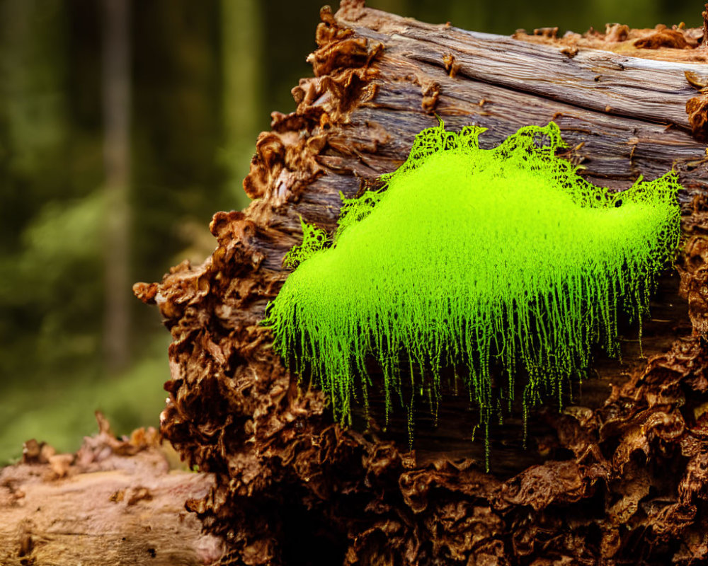 Vibrant green paint drips on weathered log in forest.