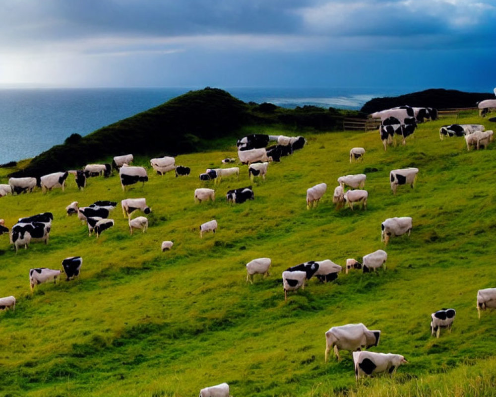 Cows grazing on lush green hillside with ocean backdrop
