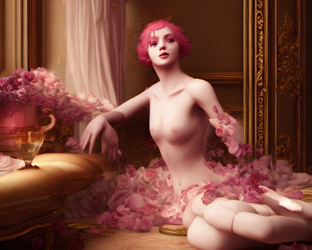 Surreal pink-haired figure in opulent room with roses