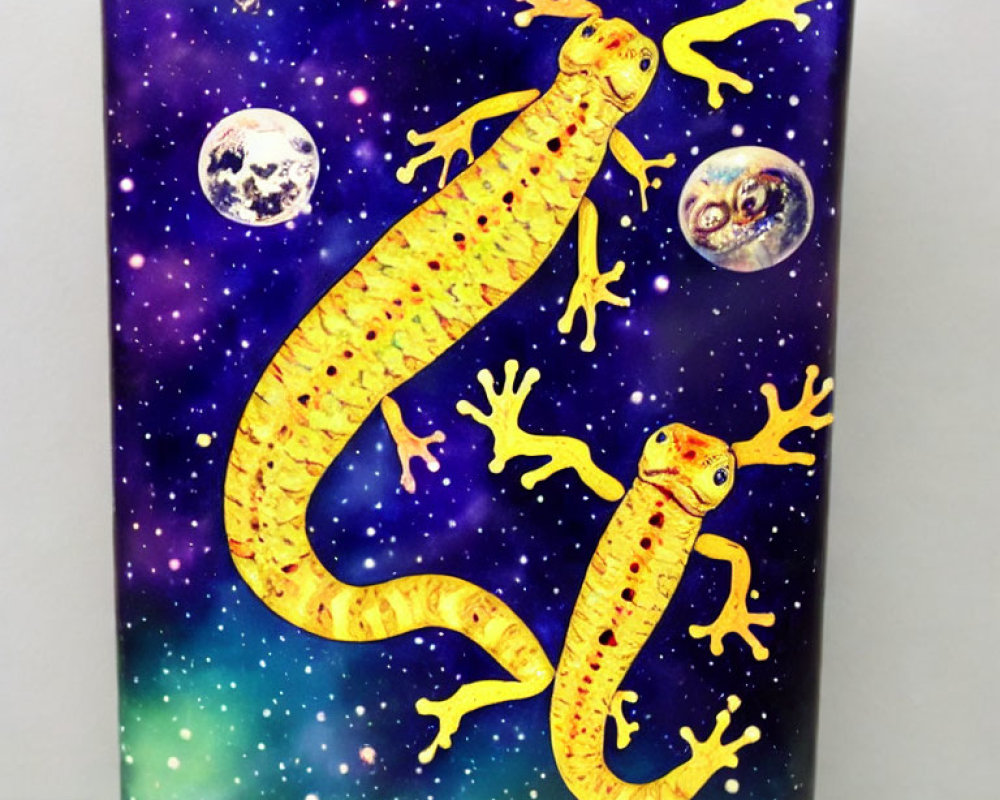 Yellow Geckos with Cosmic Background on Vertical Surface
