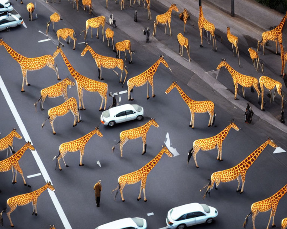 City road with surreal giraffe patterns among cars and pedestrians