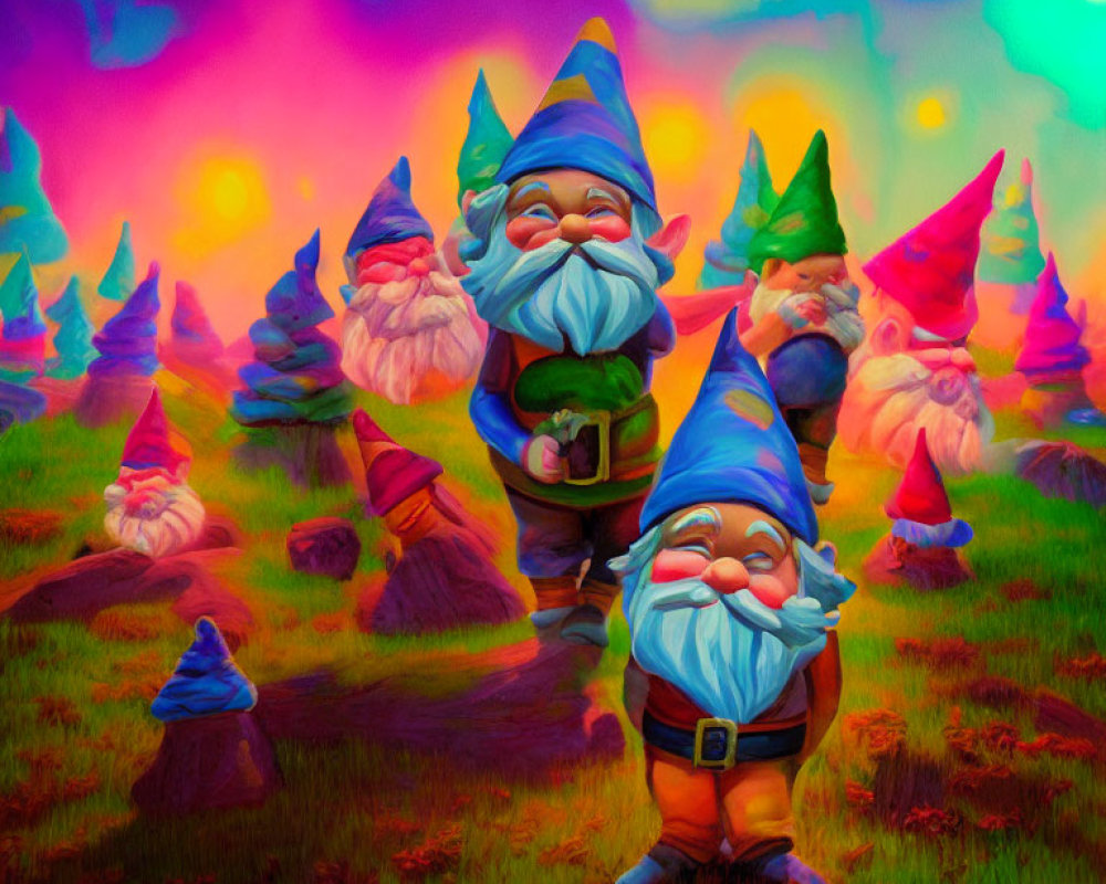 Colorful garden gnomes in whimsical landscape under multicolored sky