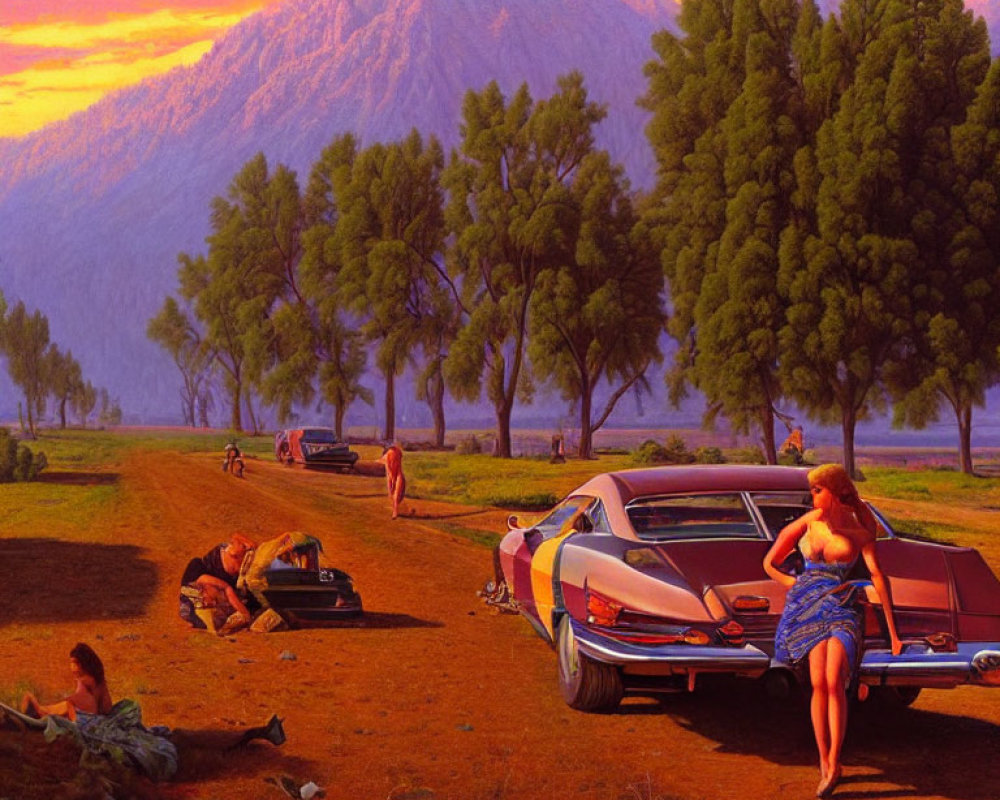 Colorful painting of people by vintage cars at sunset with mountains.