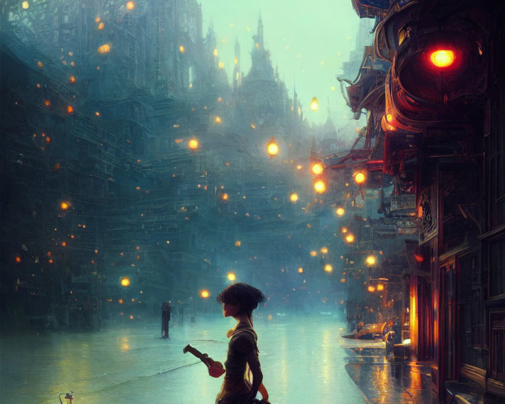 Person standing on rainy cobblestone street, gazing at grand gothic cityscape at twilight