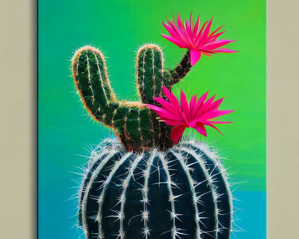 Colorful Cactus Painting with Pink Flowers on Green Background