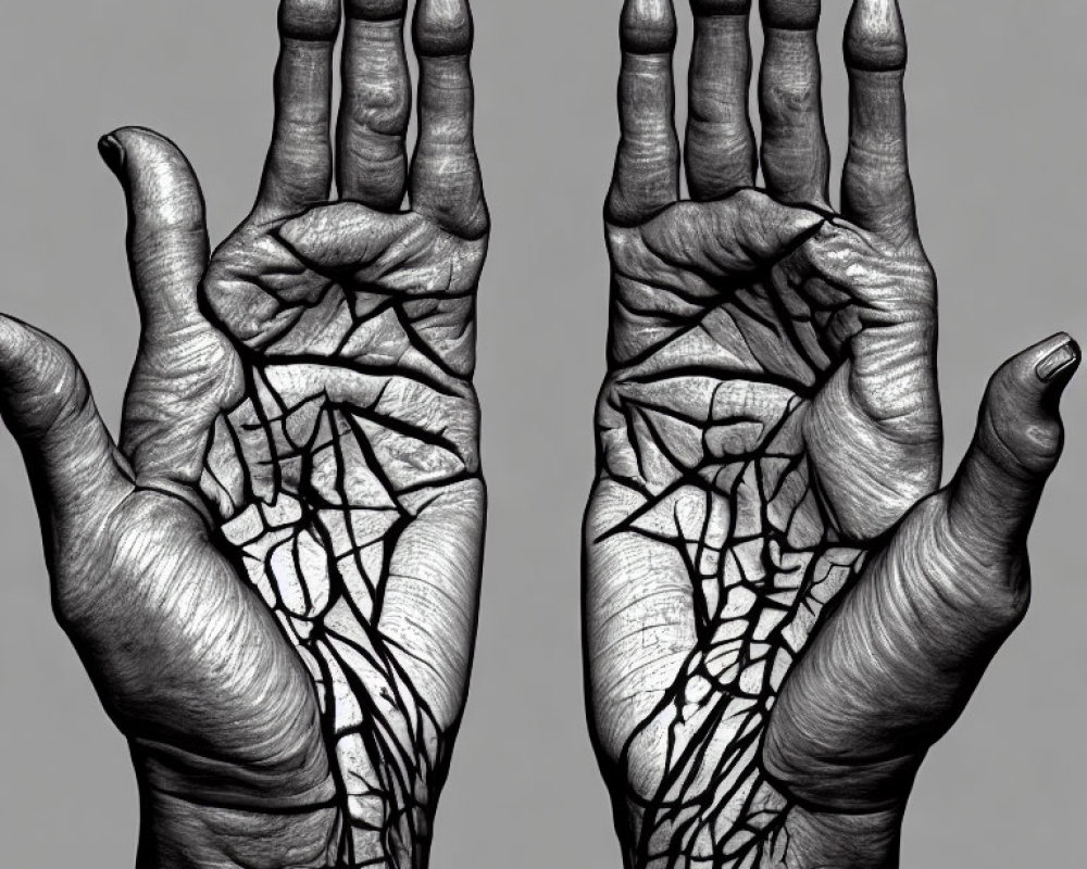 Intricate black patterns on hands resembling leafless branches.