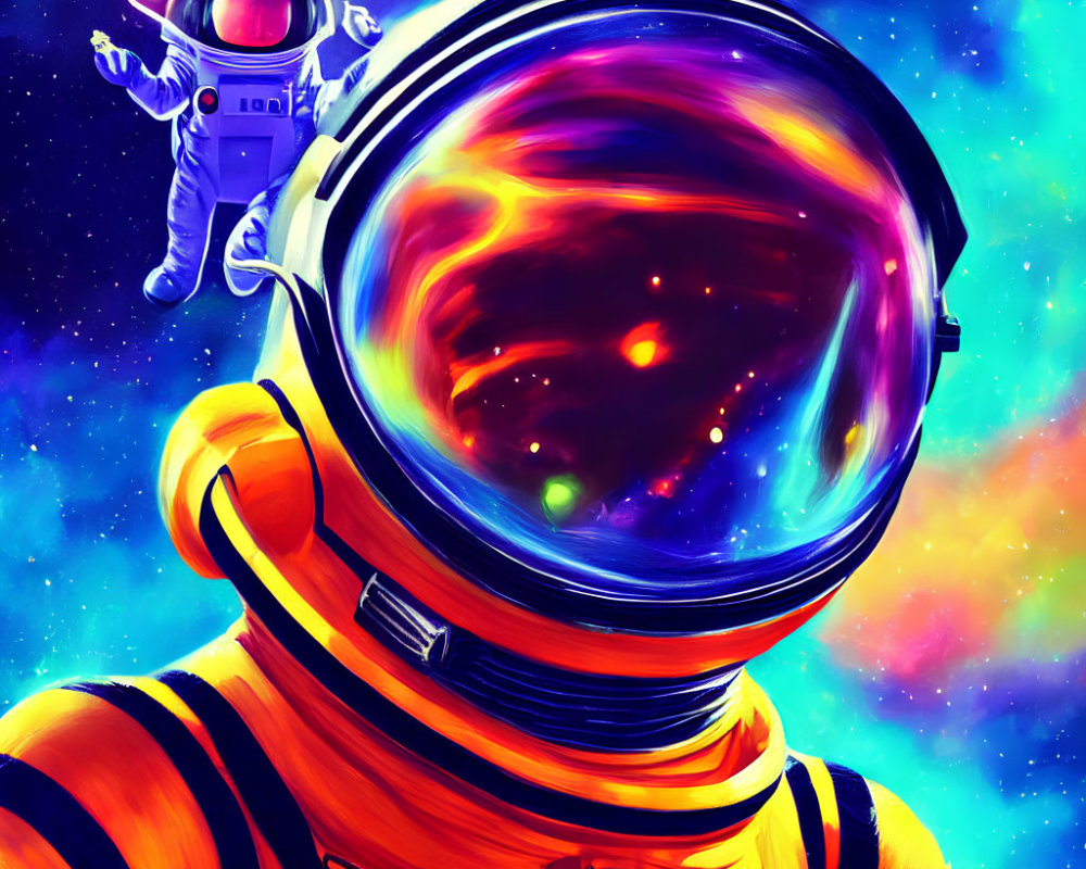 Astronaut in Yellow-Orange Space Suit Floating in Cosmic Space
