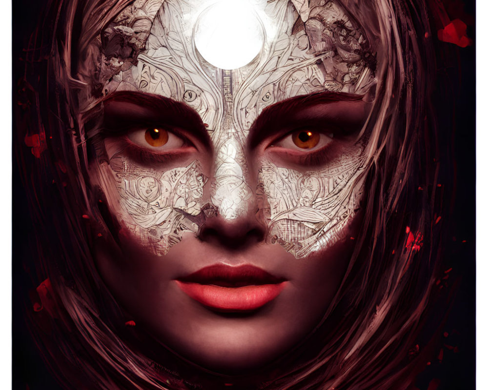 Detailed artwork of a woman's face with intricate patterns and a luminous moon, surrounded by red swirl