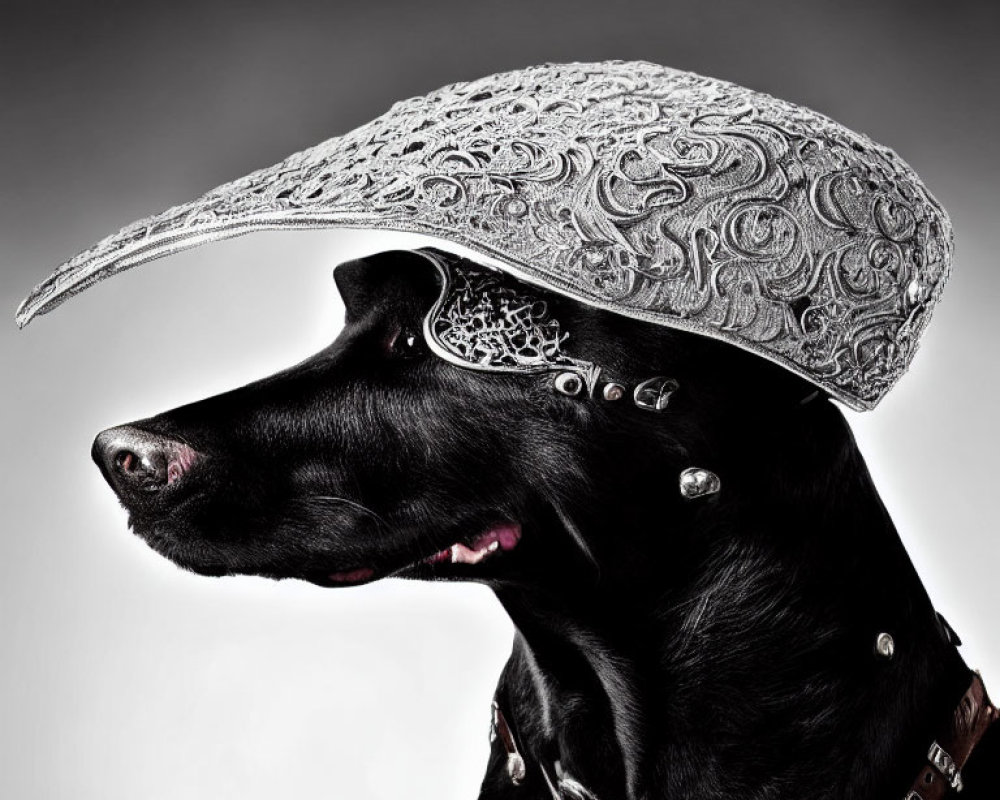 Black Dog in Silver Cowboy Hat and Studded Collar on Gradient Background