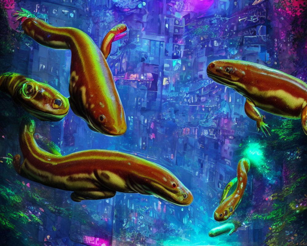 Colorful Salamanders in Neon-lit Underwater Cityscape