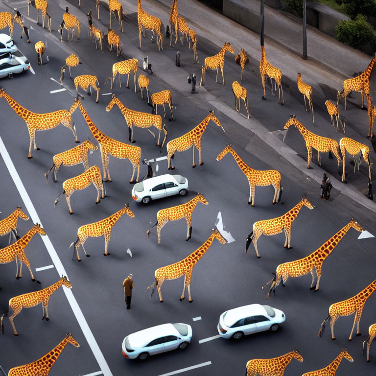 City road with surreal giraffe patterns among cars and pedestrians