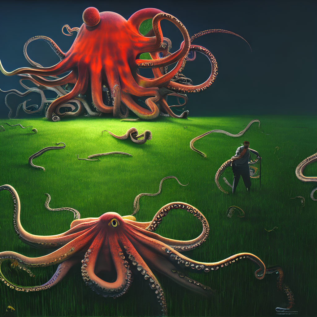 Person in green field gazes at giant red octopus under dark sky