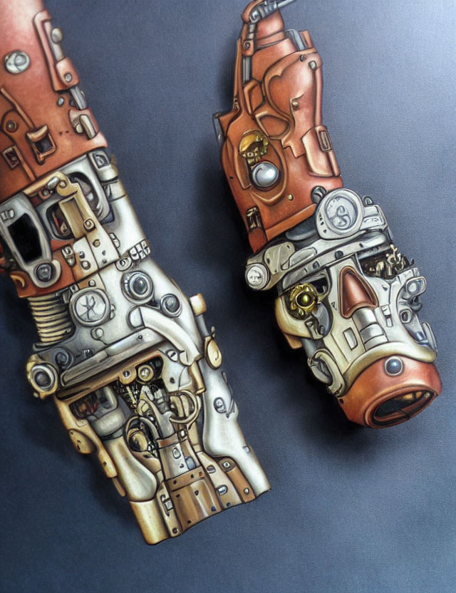 Steampunk robotic hands with intricate design on grey background