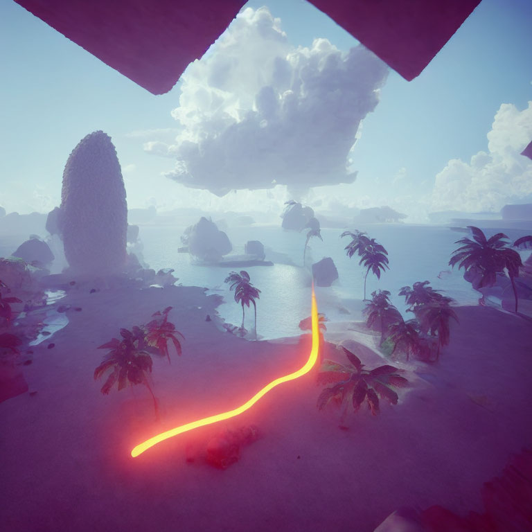 Surreal landscape with glowing orange line, floating rocks, palm trees, misty ocean