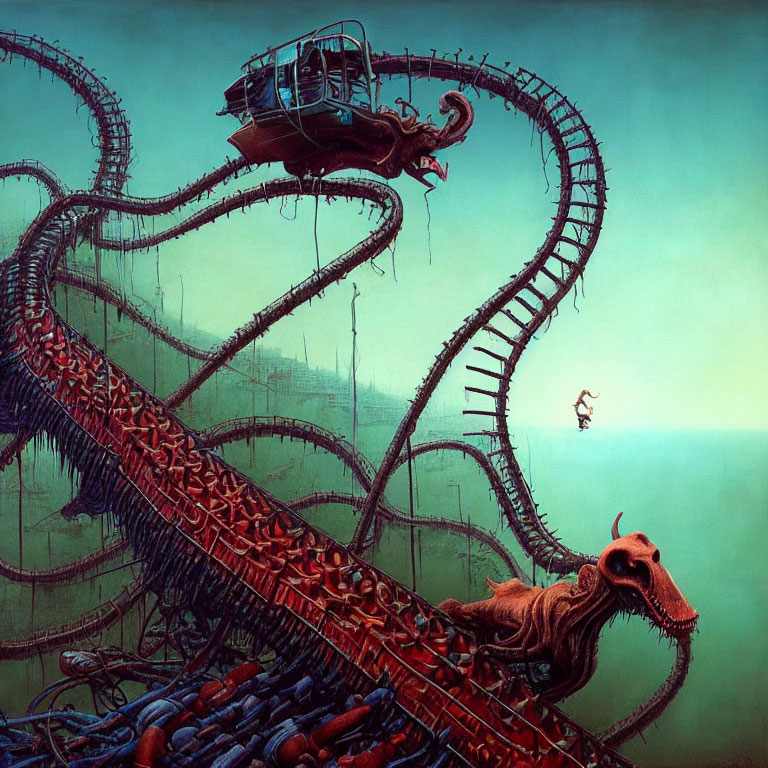 Surreal animal-headed roller coaster in dystopian setting