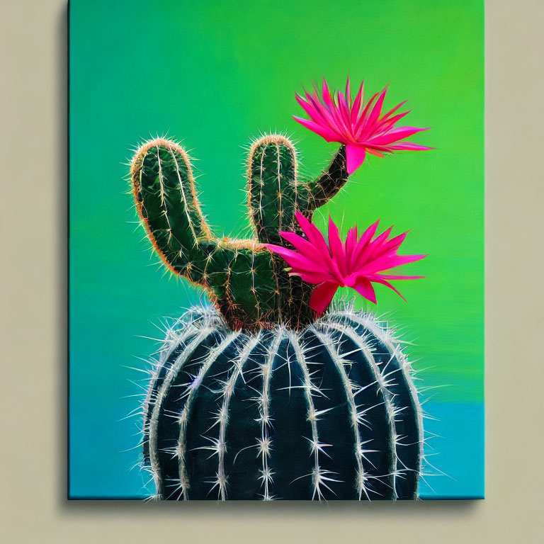 Colorful Cactus Painting with Pink Flowers on Green Background
