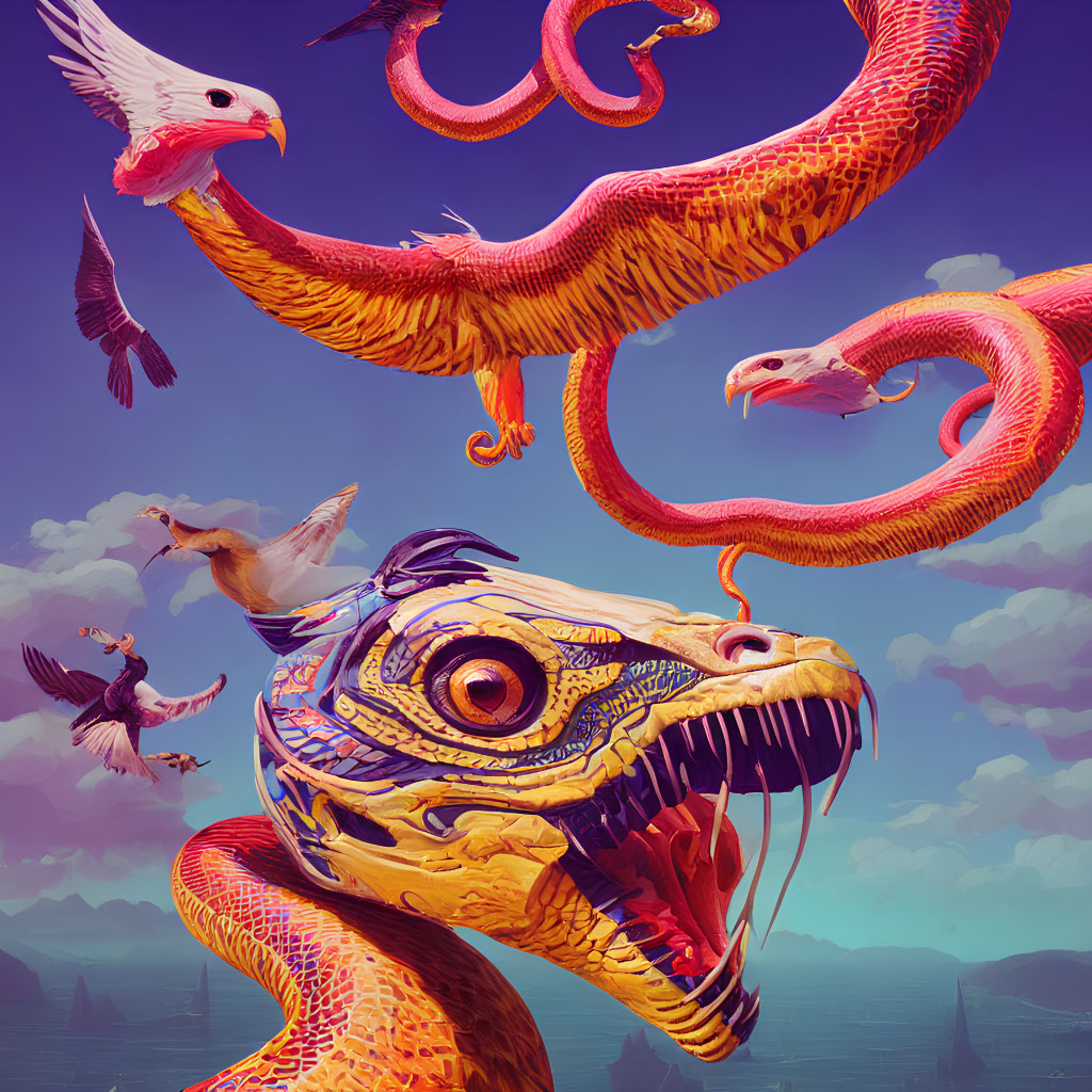 Colorful surreal artwork: serpent-like creature with bird heads in purple sky.