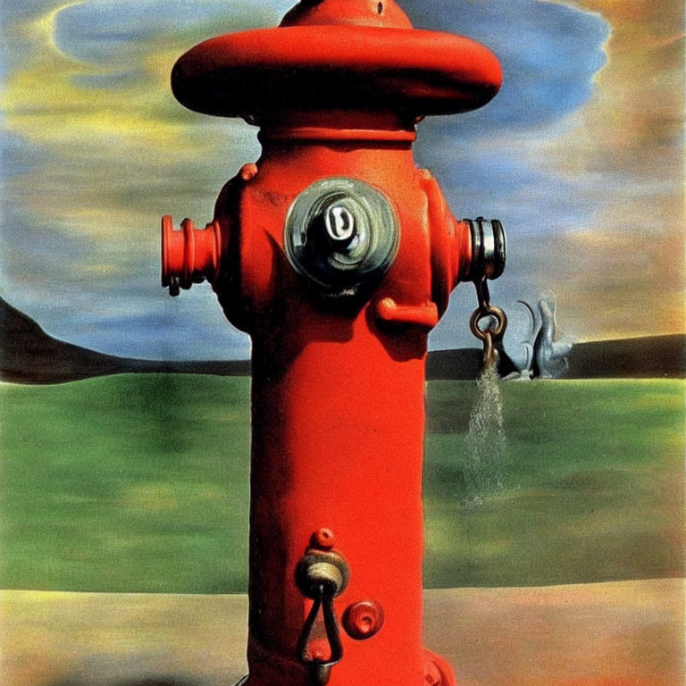 Bright red fire hydrant leaking water in surreal green landscape