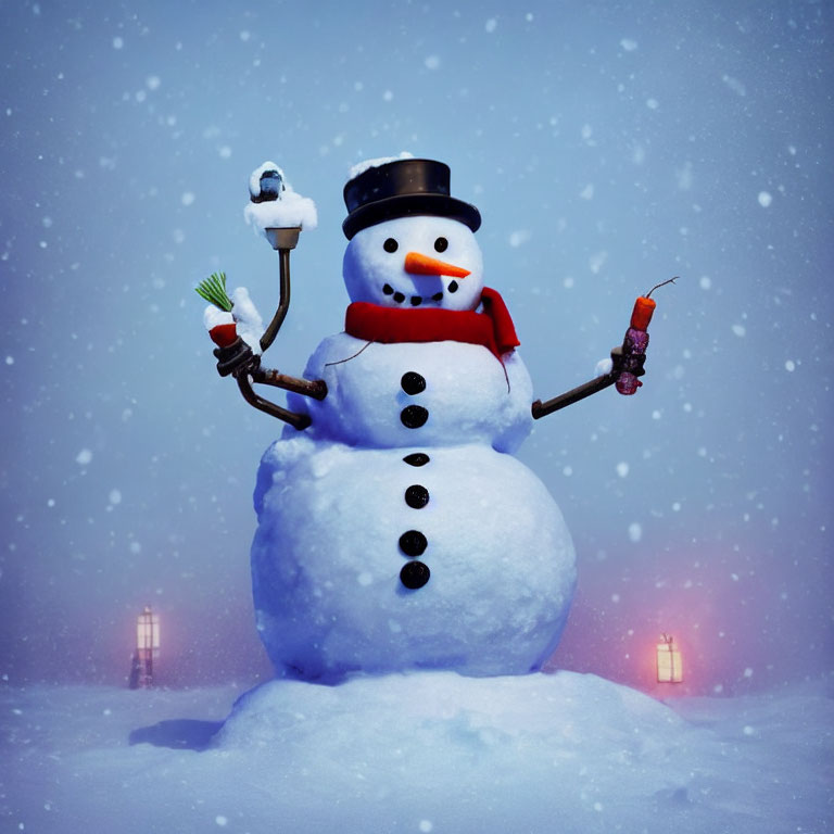 Snowman with Top Hat, Orange Scarf, and Broom in Snowy Scene