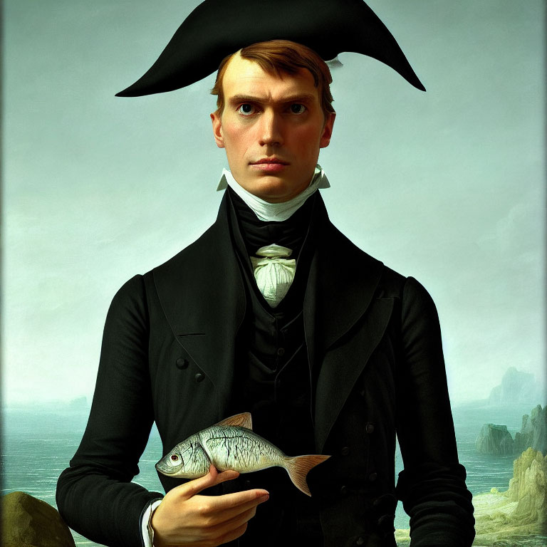 Historical man holding a fish by the coast under cloudy sky
