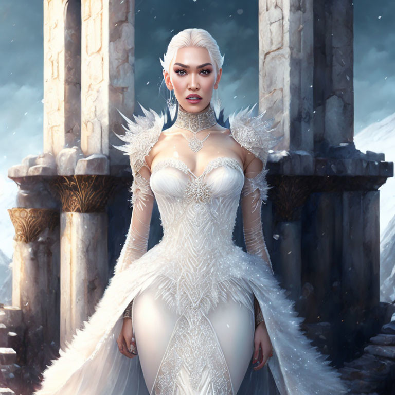 Regal woman with white hair in detailed gown against snowy landscape