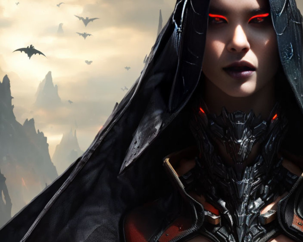 Digital artwork: Woman in dark armor with glowing red eyes, cloudy sky backdrop.