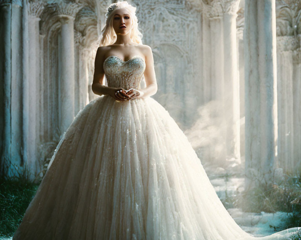 Elegant woman in white ball gown among ancient pillars with ethereal light.