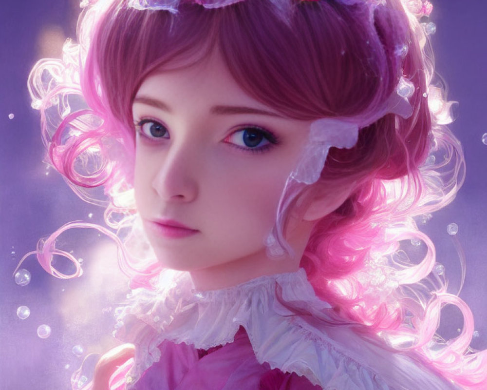 Fantasy character digital art: purple hair, floral crown, pink makeup, Victorian attire