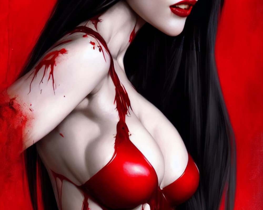 Digital artwork of pale-skinned woman with black hair on red background with blood-like details