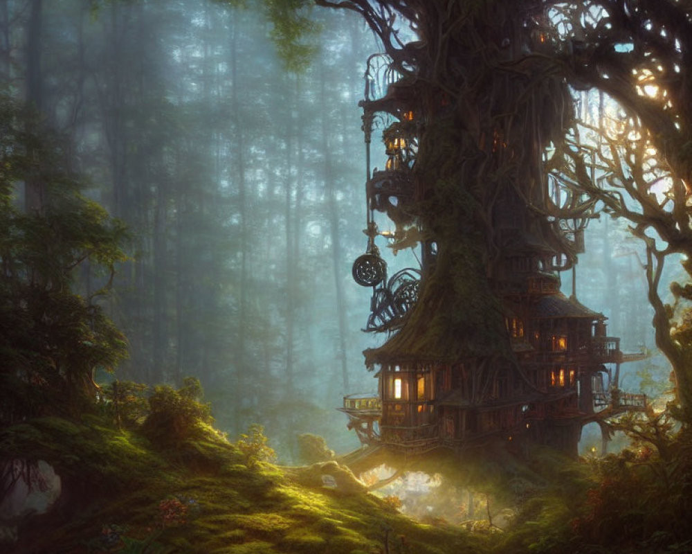 Misty forest treehouse with lush greenery and intricate wooden architecture