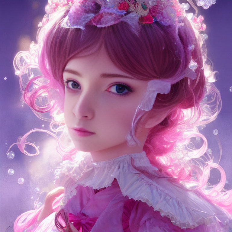 Fantasy character digital art: purple hair, floral crown, pink makeup, Victorian attire
