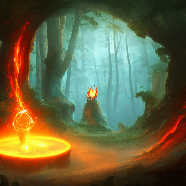Mystical forest with fiery portal and ancient trees