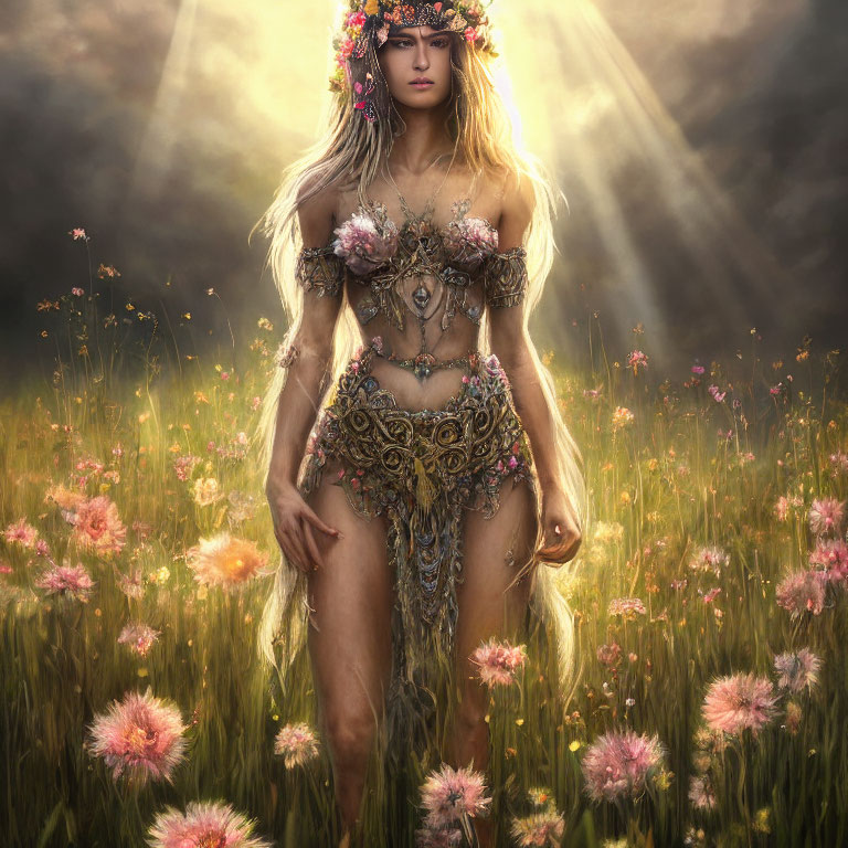 Fantasy Artwork: Woman with Floral Headgear in Sunlit Meadow