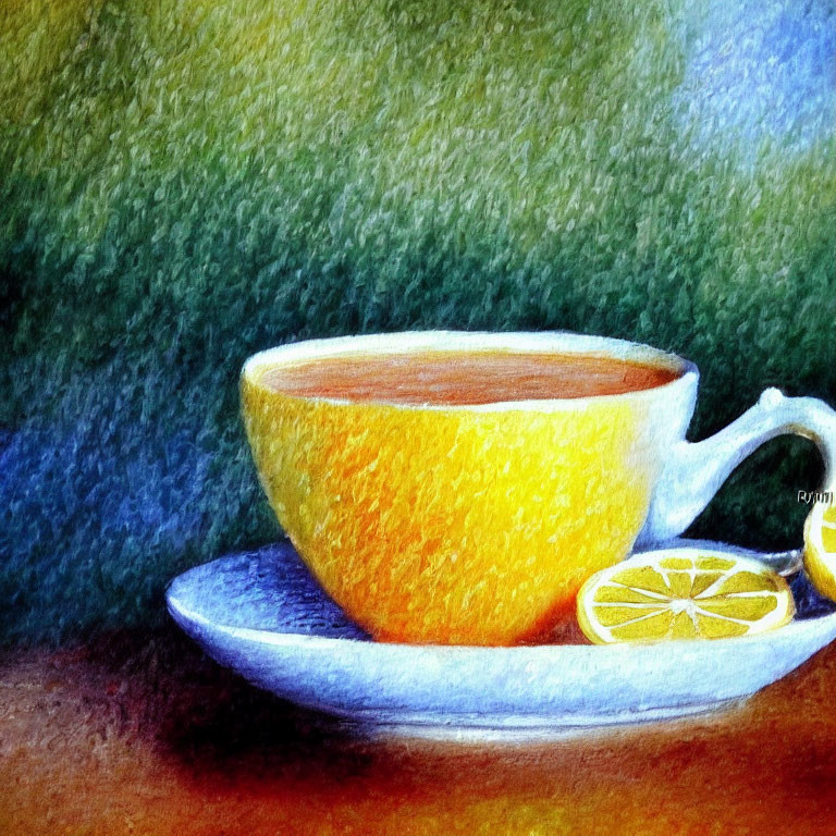 Colorful painting of yellow tea cup with lemon slice on saucer