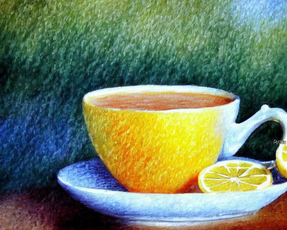 Colorful painting of yellow tea cup with lemon slice on saucer