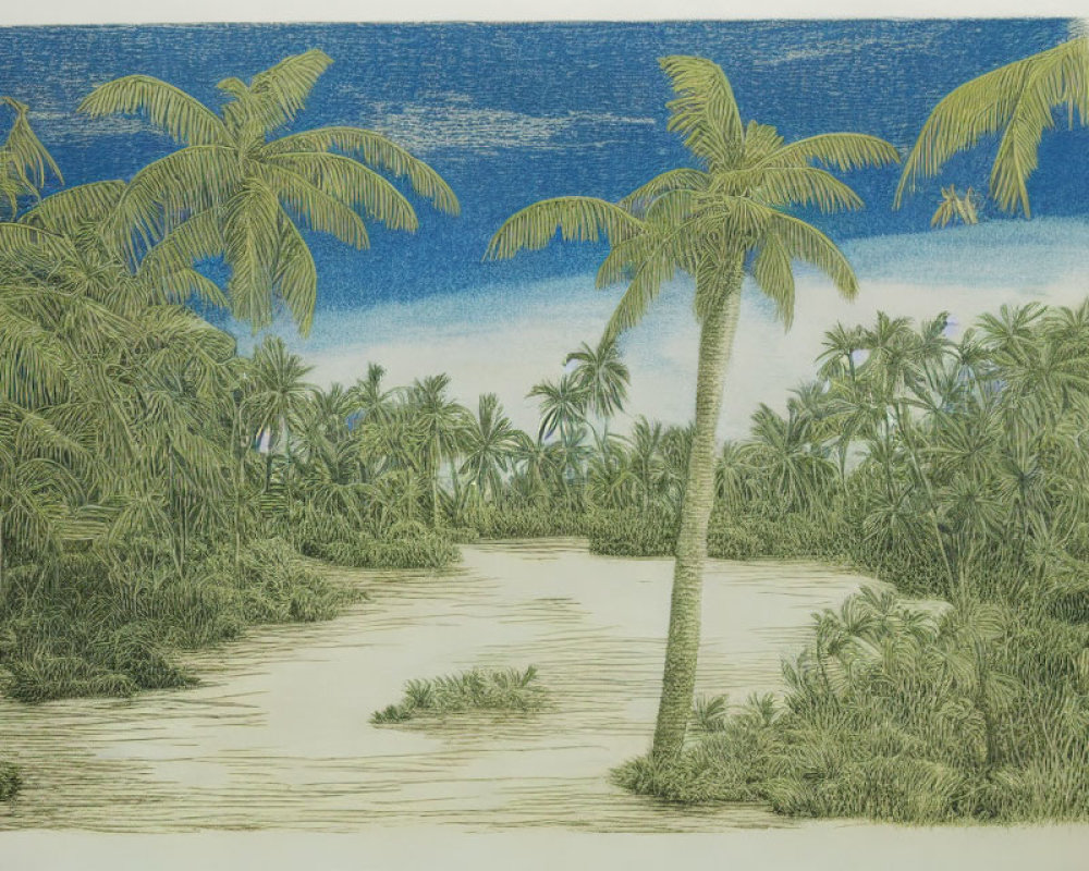 Tropical palm trees and sandy path under deep blue sky