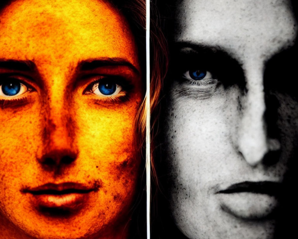 Split image: Warm orange vs. cool monochrome with intense blue-eyed woman