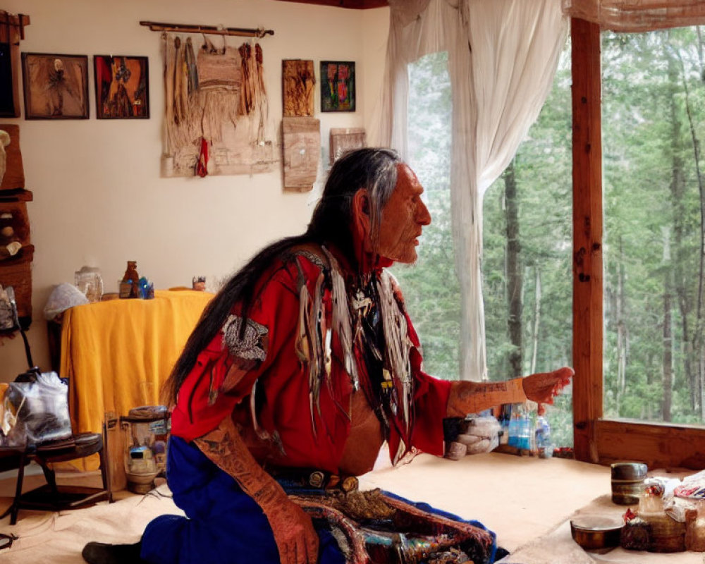 Indigenous person in traditional attire in rustic room with cultural artifacts gazes at forest from window