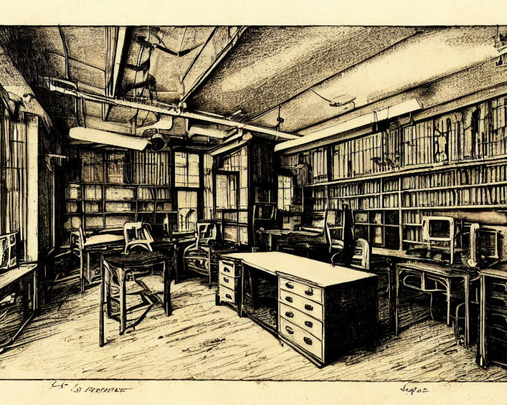Vintage Library Ink Sketch with Bookshelves, Ladder, Desks, Chairs, and Ceiling Be