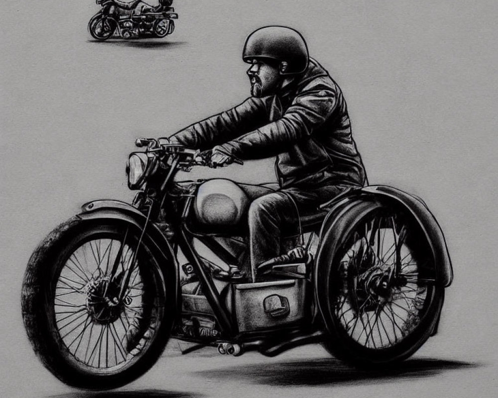 Person riding vintage motorcycle sketch on textured grey background