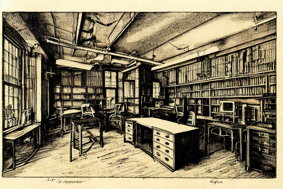 Vintage Library Ink Sketch with Bookshelves, Ladder, Desks, Chairs, and Ceiling Be