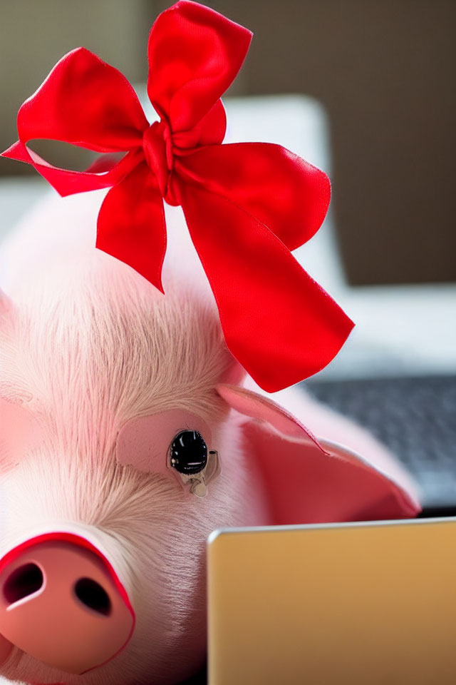 Pink piggy bank with red bow symbolizes savings near laptop