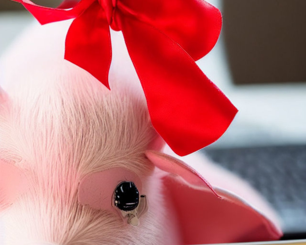 Pink piggy bank with red bow symbolizes savings near laptop