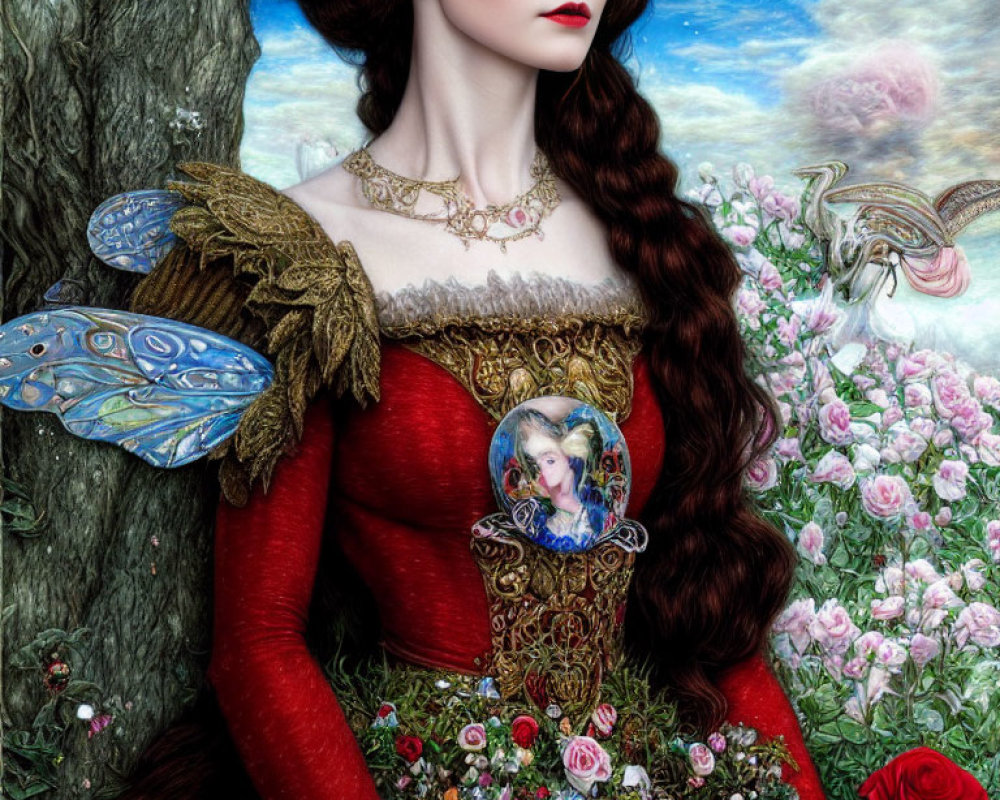 Portrait of woman with butterfly wings in red dress near rose garden