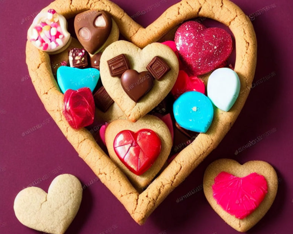 Heart-shaped cookie with chocolates and candies on burgundy background