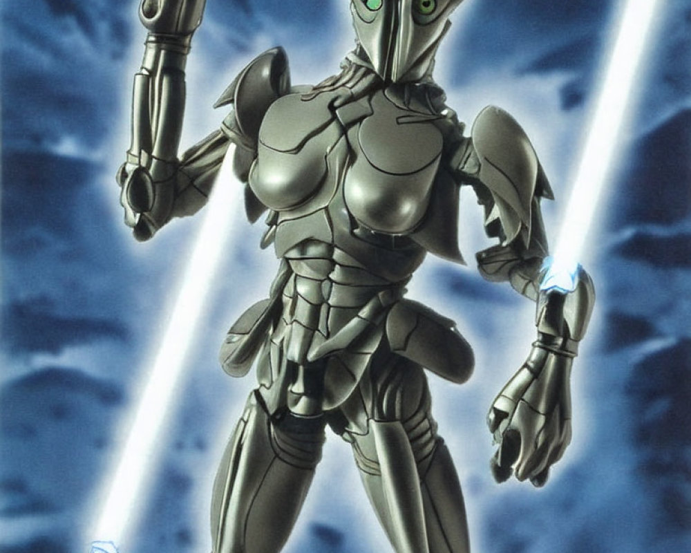 Futuristic armored robot with green eyes and dual blue energy blades in light streaks