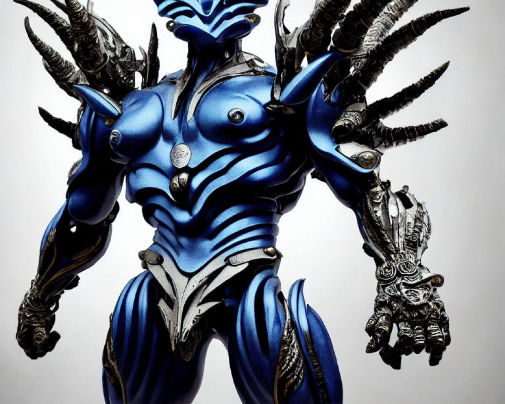 Detailed blue and black armored creature with spiky appendages and mechanical elements