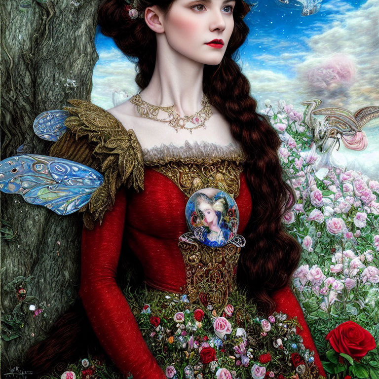 Portrait of woman with butterfly wings in red dress near rose garden