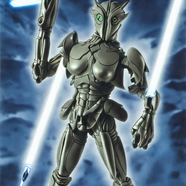 Futuristic armored robot with green eyes and dual blue energy blades in light streaks