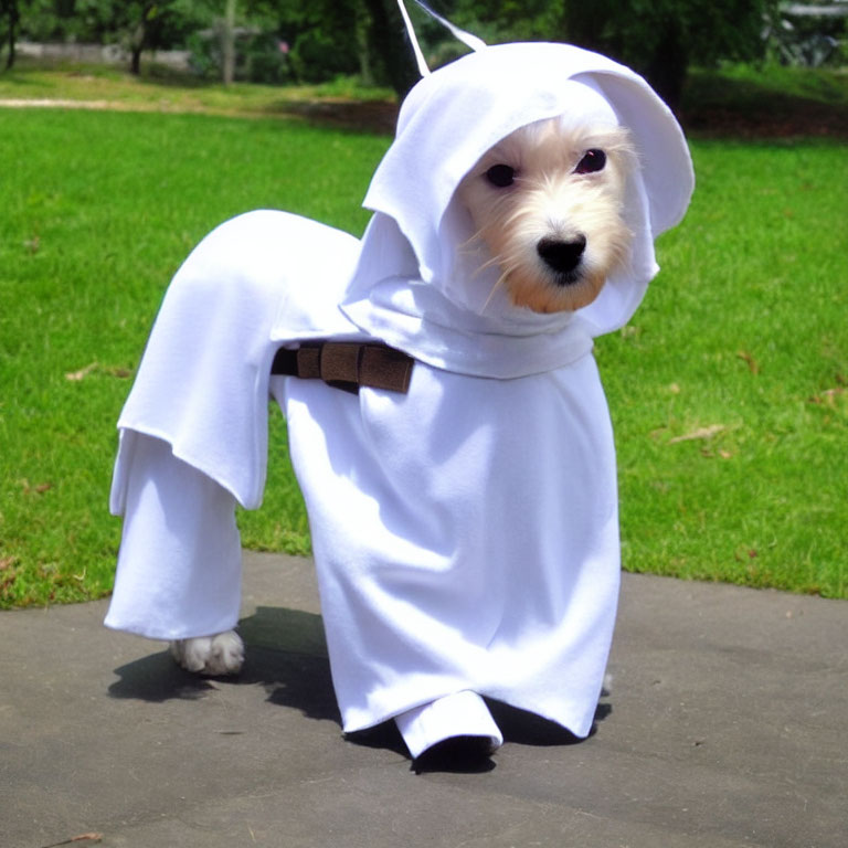 Dog in white hooded robe standing on grass